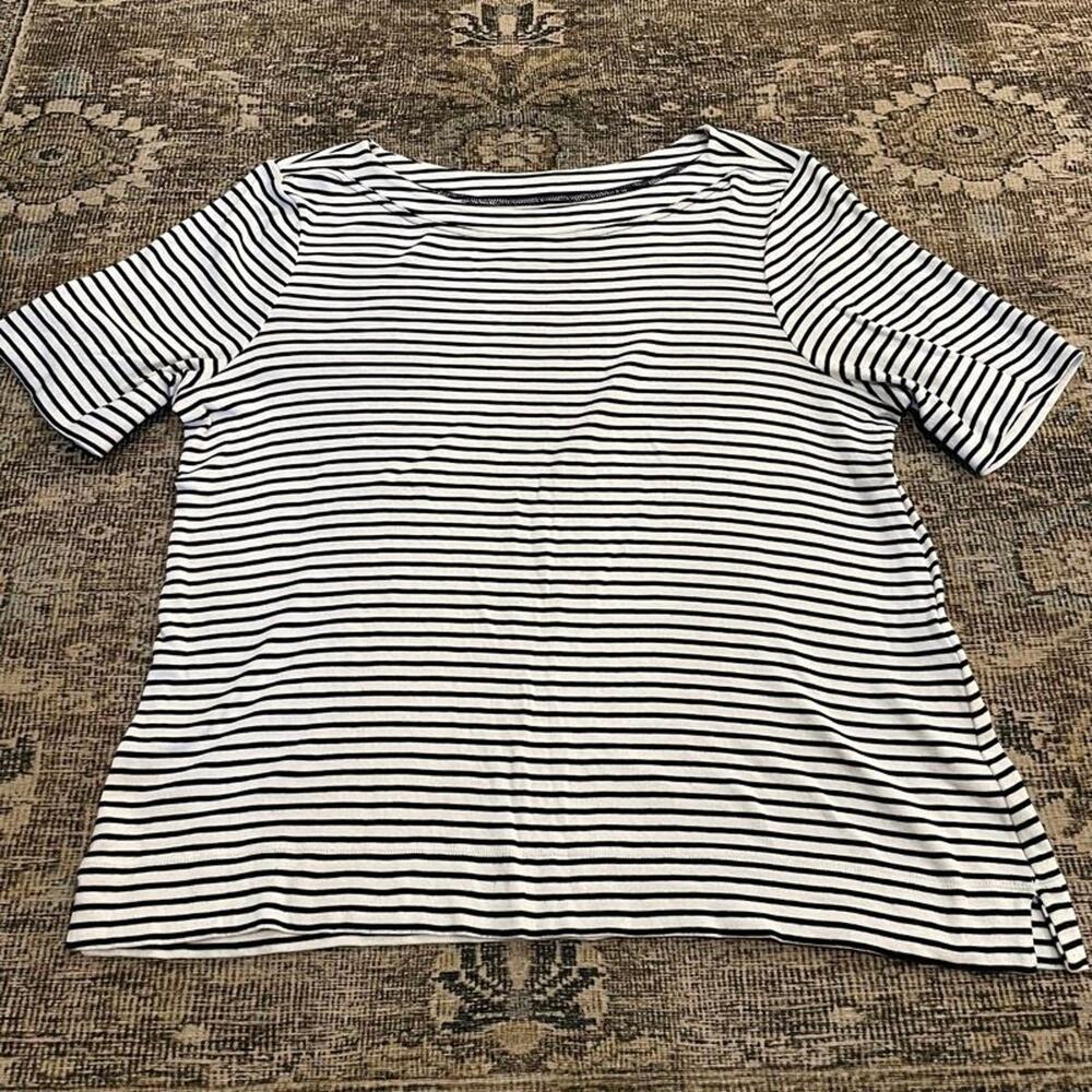 Chico's Size 2 (L/12) Navy White Striped Pima Cotton Boat Neck Top Short Sleeve